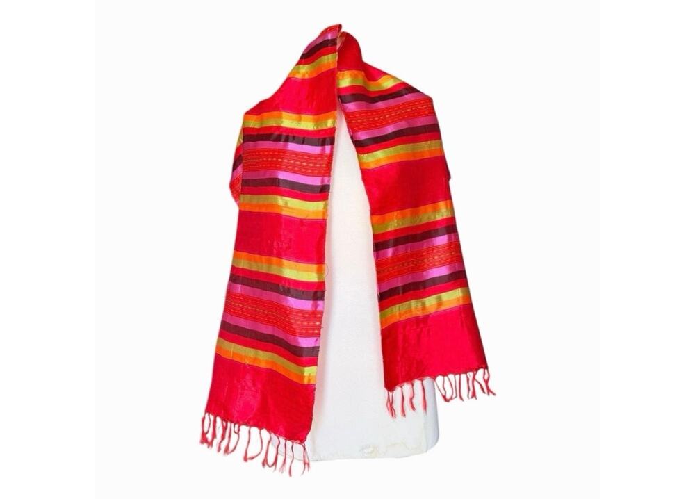 Handwoven Kikoy Cotton Wrap Scarf Red Multicolor Striped Fringe Shawl Vibrant